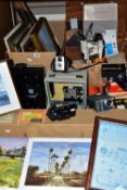 ONE BOX OF FRAMED PRINTS, VINTAGE MOVIE CAMERAS AND PROJECTORS, to include a large gilt framed water