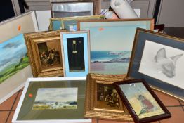 TWO BOXES AND LOOSE PAINTINGS AND PRINTS ETC, to include an early 20th century pen and watercolour