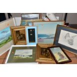 TWO BOXES AND LOOSE PAINTINGS AND PRINTS ETC, to include an early 20th century pen and watercolour