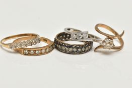 FIVE ASSORTED RINGS, the first a 9ct yellow gold ring, set with a floral cluster of circular cut