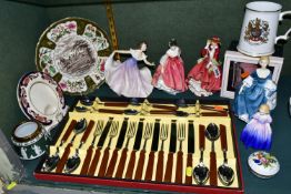 A GROUP OF CERAMICS AND CUTLERY, to include Royal Doulton Top o'the Hill HN1834, Hilary HN2335 (