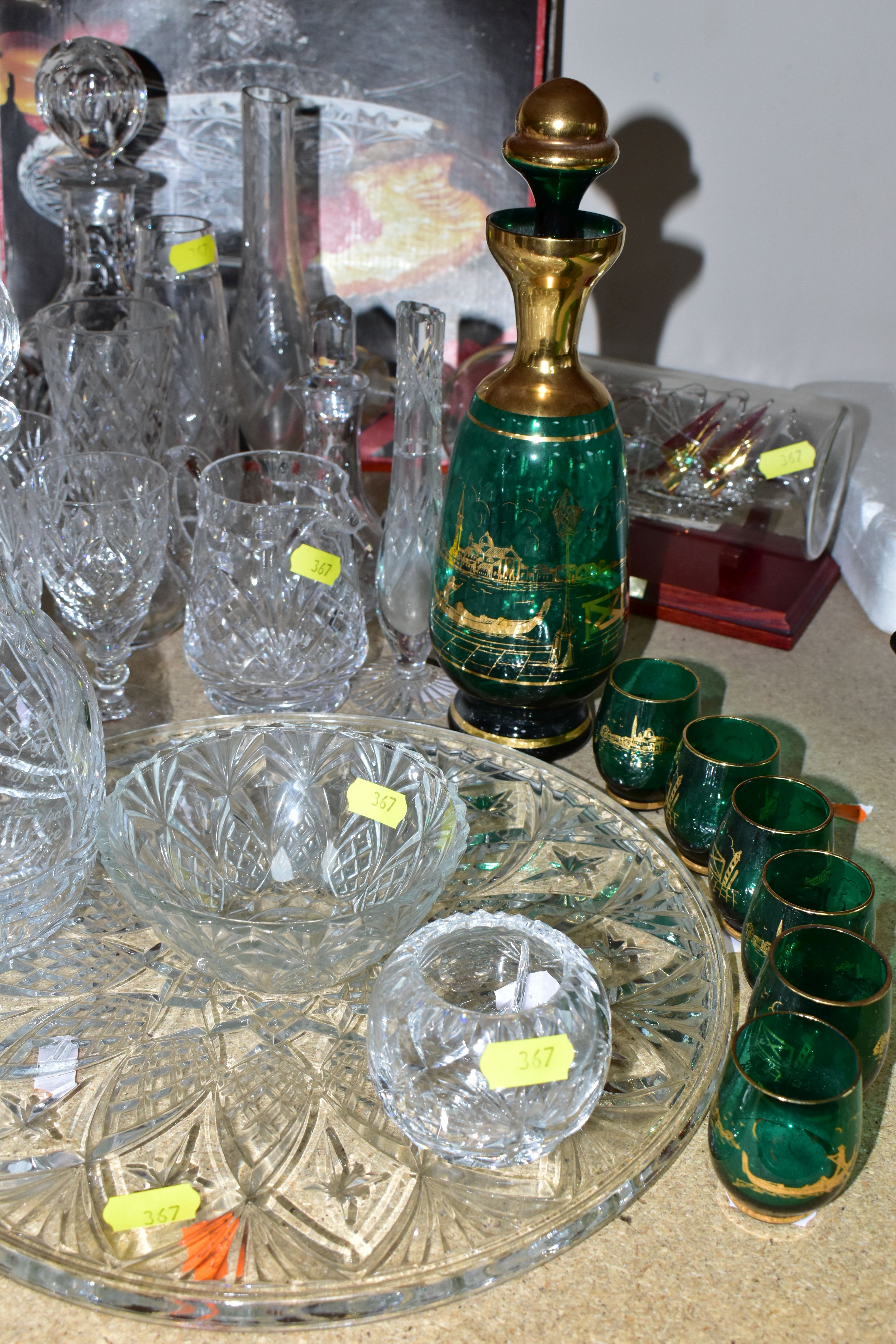 A GROUP OF CUT CRYSTAL AND COLOURED GLASS, comprising three cut crystal decanters, oil decanter, six - Image 3 of 3