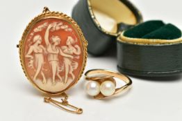 A CULTURED PEARL RING AND CAMEO BROOCH, two white cultured pearls, approximate diameters 6mm, set