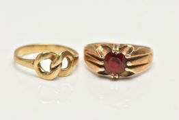 TWO 9CT GOLD RINGS, the first designed with a claw set, circular cut garnet to a polished band,