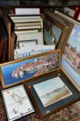 A BOX AND LOOSE PAINTINGS AND PRINTS ETC, to include an oil on canvas depicting Dubrovnik in Croatia