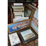 A BOX AND LOOSE PAINTINGS AND PRINTS ETC, to include an oil on canvas depicting Dubrovnik in Croatia