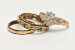 THREE GEM SET RINGS, the first a 9ct yellow gold cluster ring, set with twenty three round brilliant