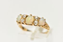 A EARLY 20TH CENTURY 18CT GOLD OPAL AND DIAMOND RING, three cabochon opals, interspaced with four