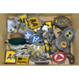 A BOX CONTAINING A QUANTITY OF AA AND OTHER CAR BADGES, ETC, including 'Institute of Advanced