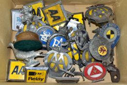 A BOX CONTAINING A QUANTITY OF AA AND OTHER CAR BADGES, ETC, including 'Institute of Advanced