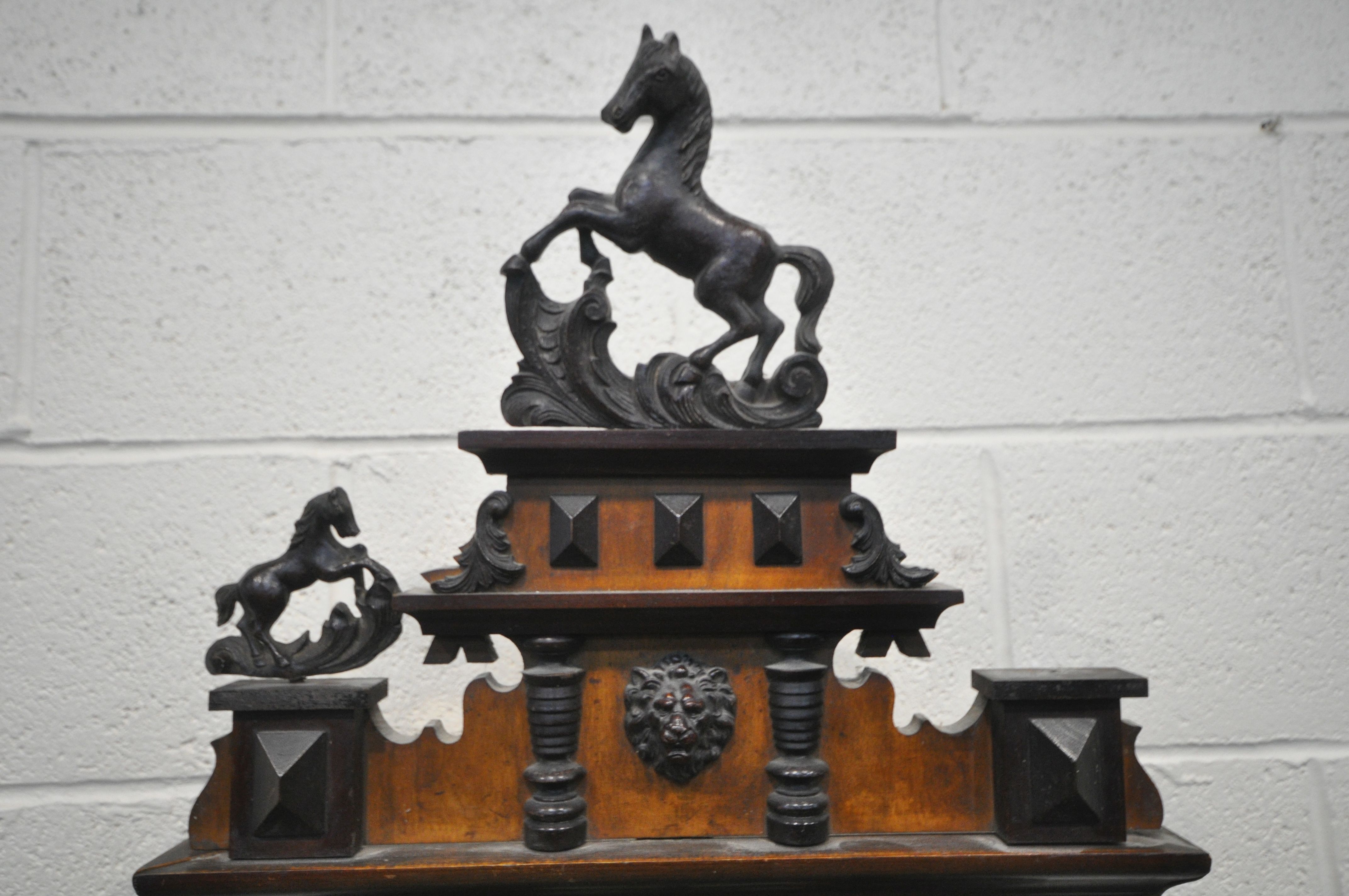 A LATE 19TH CENTURY WALNUT VIENNA WALL CLOCK, with two carved horse pediments, enamel dial with - Image 3 of 5