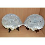 A PAIR OF 19TH CENTURY CHINESE CARVED MOTHER OF PEARL DISHES, both with battle scenes and fish,