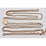 A YELLOW METAL DOUBLE LONGUARD CHAIN, double belcher link chains with a floral detailed sliding