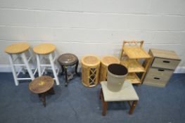 A SELECTION OF OCCASIONAL FURNITURE, to include a wicker bedside unit, pair of wicker cylindrical