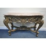 A FRENCH GILTWOOD CONSOLE TABLE, with a marble top, open foliate scroll detail, on four shaped legs,