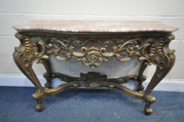 A FRENCH GILTWOOD CONSOLE TABLE, with a marble top, open foliate scroll detail, on four shaped legs,