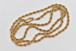 A 9CT GOLD ROPE CHAIN NECKLACE, yellow gold chain, fitted with a lobster clasp, approximate length
