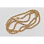 A 9CT GOLD ROPE CHAIN NECKLACE, yellow gold chain, fitted with a lobster clasp, approximate length