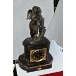 A FRENCH SLATE AND MARBLE CHIMING MANTLE CLOCK, the case surmounted with a bronzed pewter cherub,