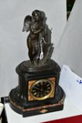 A FRENCH SLATE AND MARBLE CHIMING MANTLE CLOCK, the case surmounted with a bronzed pewter cherub,
