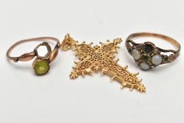 TWO RINGS AND A PENDANT, the first a/f yellow metal ring, set with emeralds and worn opal