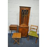 A YEWWOOD CORNER CUPBOARD, width 66cm x depth 42cm x height 180cm, a two drawer cabinet, a dining