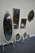 A SELECTION OF MIRRORS, to include a French white oval cheval mirror, two similar triple dressing
