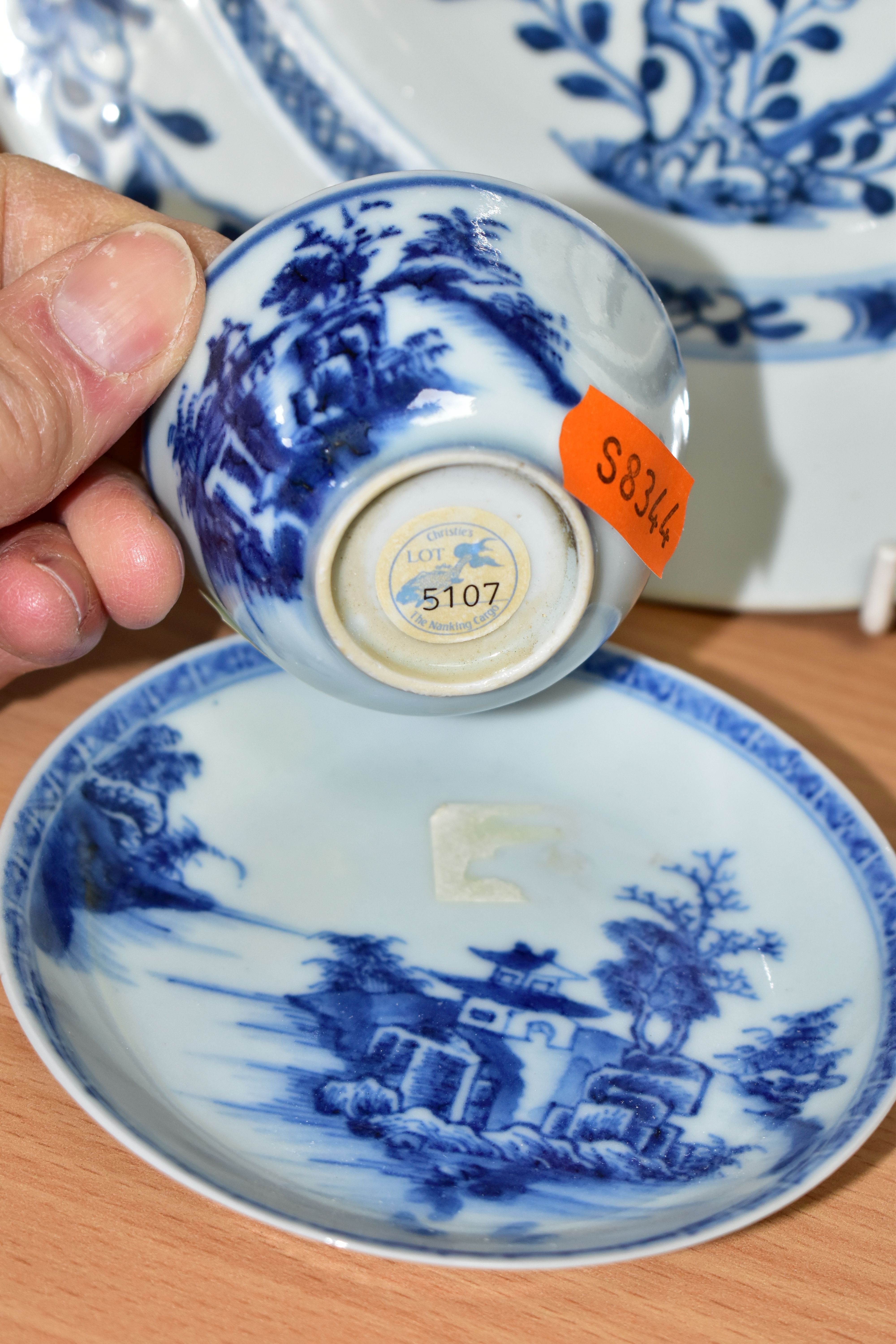A 'THE NANKING CARGO' BLUE AND WHITE PORCELAIN TEA BOWL, SAUCER AND PLATE, the tea bowl and saucer - Image 3 of 6