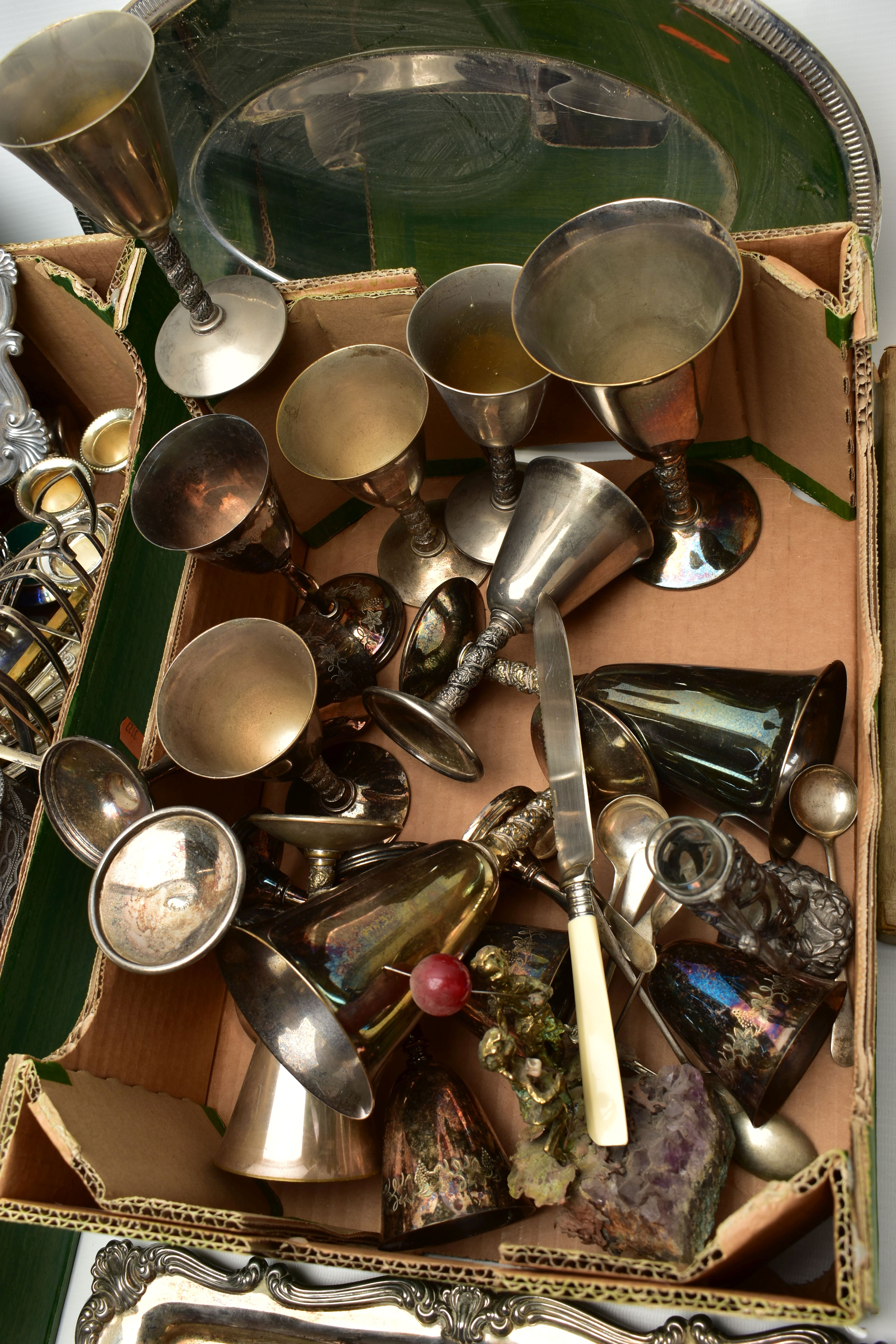 TWO BOXES OF ASSORTED WHITE METAL WARE, to include EPNS trays, toast racks, plate coasters, - Image 5 of 6