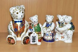 A ROYAL CROWN DERBY TEDDY BEAR PAPERWEIGHT AND THREE MINIATURE TEDDIES FIGURES, comprising a Teddy