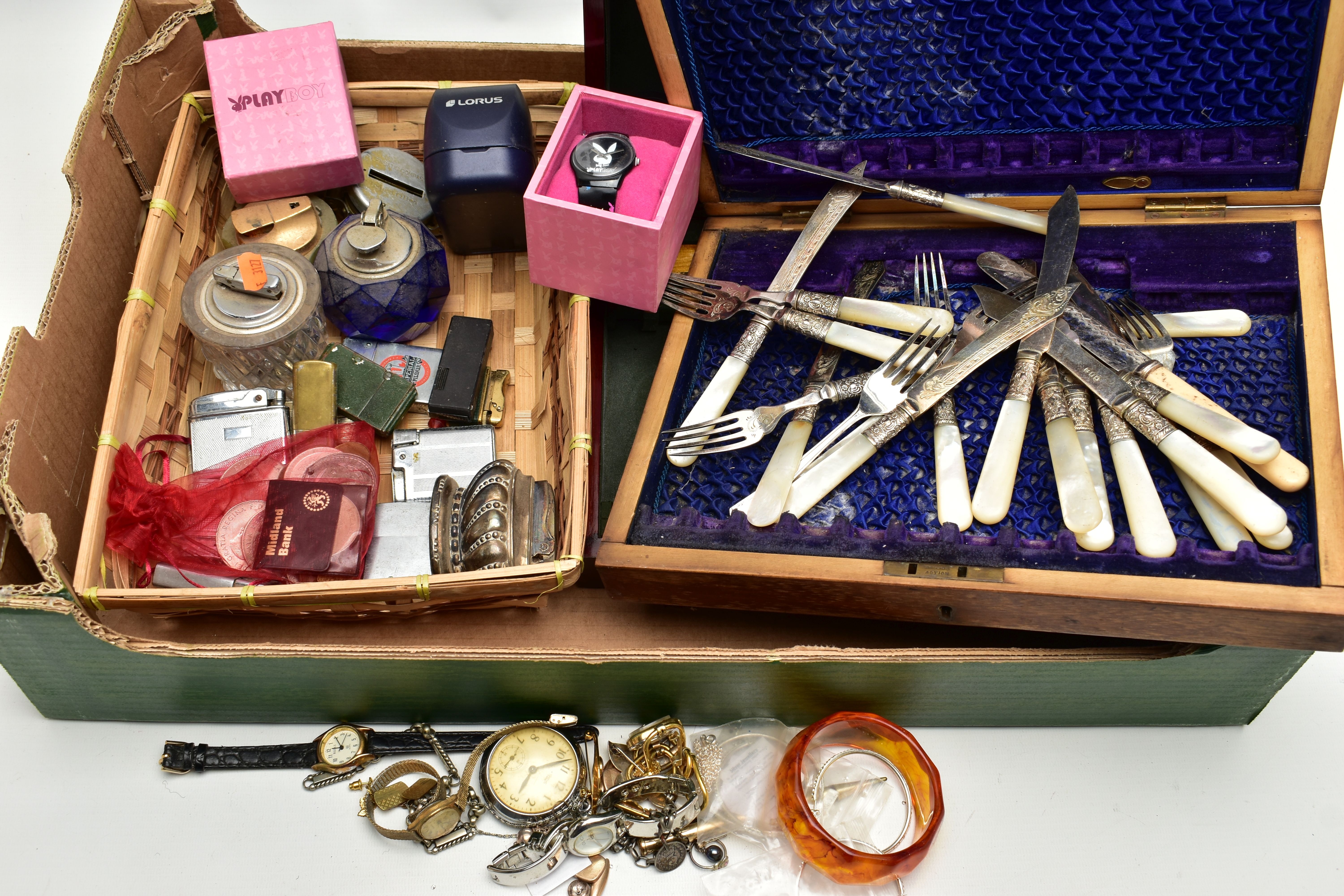 A BOX OF ASSORTED ITEMS, to include a white metal yellow enamel Siam brooch, stamped 925 silver, a