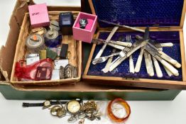 A BOX OF ASSORTED ITEMS, to include a white metal yellow enamel Siam brooch, stamped 925 silver, a