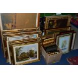 A BOX AND LOOSE PAINTINGS AND PRINTS, to include George Horne oil on canvas depicting an English