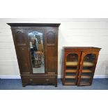 AN OAK SINGLE DOOR WARDROBE, width 133cm x 46cm x height 200cm, and a Victorian double door bookcase