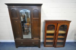 AN OAK SINGLE DOOR WARDROBE, width 133cm x 46cm x height 200cm, and a Victorian double door bookcase