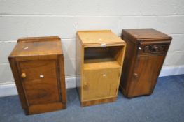 THREE VARIOUS EARLY TO MID 20TH CENTURY BEDSIDE CABINETS, to include a walnut single door cabinet, a