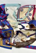A BOX OF MASONIC REGALIA AND A DAGGER, to include Masonic sashes, a pair of blue and gold detailed