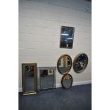 A SELECTION OF VARIOUS MIRRORS, to include a silver painted and gilt oval bevelled edge wall mirror,