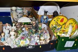 FOUR BOXES OF ORNAMENTS AND CERAMICS, to include a quantity of Rayware 'Olivio' pattern tableware, a