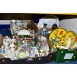 FOUR BOXES OF ORNAMENTS AND CERAMICS, to include a quantity of Rayware 'Olivio' pattern tableware, a