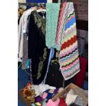 THREE BOXES OF LADIES VINTAGE CLOTHING AND ACCESSORIES, to include a large red Trippa suitcase, a
