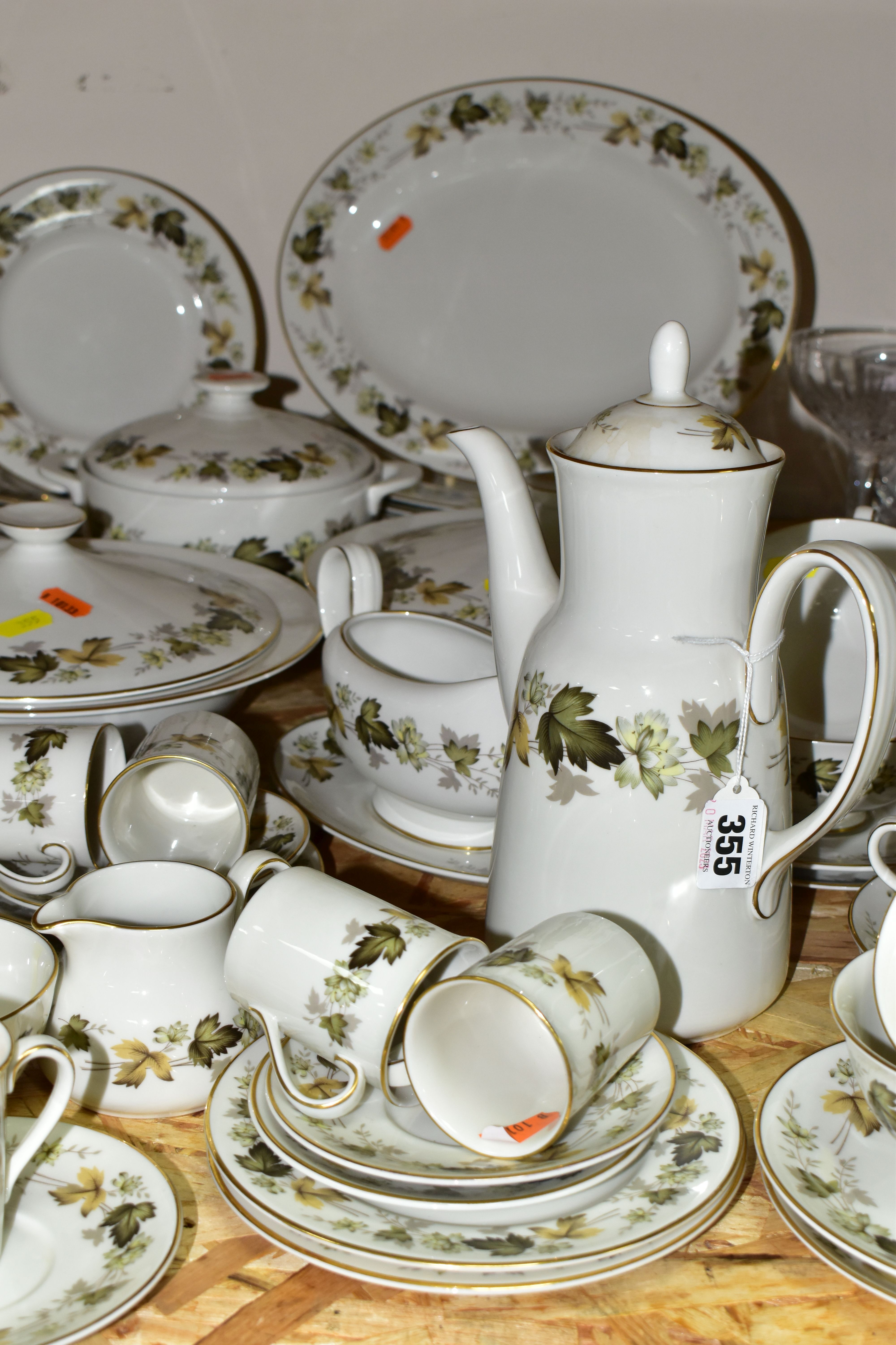 A ROYAL DOULTON 'LARCHMONT' PATTERN DINNER AND COFFEE SET, comprising two covered tureens, one