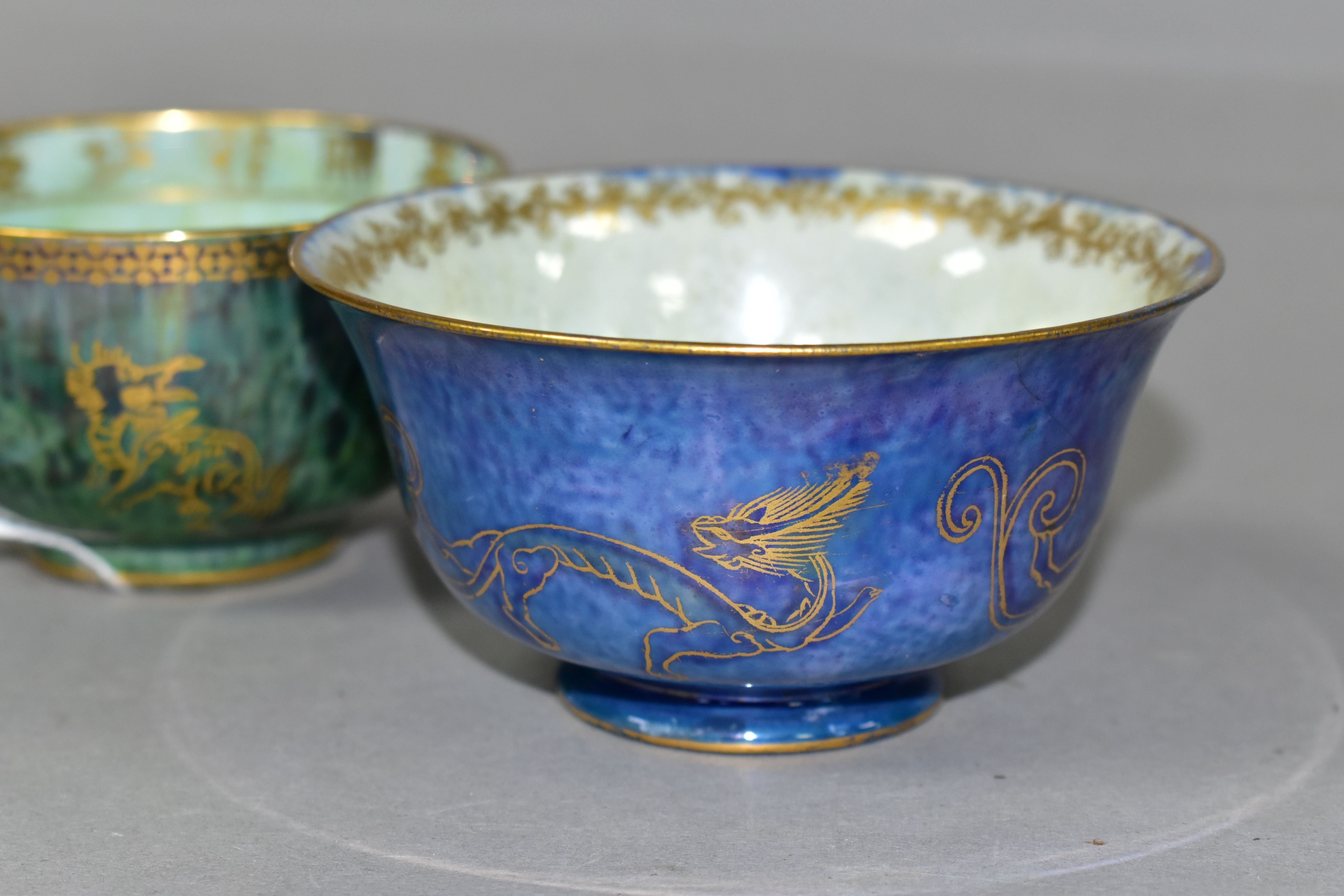 TWO WEDGWOOD BONE CHINA LUSTRE BOWLS, comprising a bowl with a blue mottled lustre exterior with a - Image 3 of 7