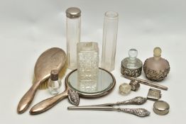 ASSORTED SILVER AND WHITE METAL ITEMS, to include a vanity hair brush and hand held mirror, both