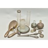 ASSORTED SILVER AND WHITE METAL ITEMS, to include a vanity hair brush and hand held mirror, both