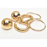 THREE PAIRS OF YELLOW METAL EARRINGS, to include a pair of hollow 9ct yellow gold domed ear studs, a