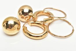 THREE PAIRS OF YELLOW METAL EARRINGS, to include a pair of hollow 9ct yellow gold domed ear studs, a