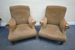 A PAIR OF LATE 19TH/EARLY 20TH CENTURY UPHOLSTERED ARMCHAIRS, in the manner of Howard and Sons (