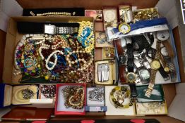 A BOX OF ASSORTED COSTUME JEWELLERY AND WRISTWATCHES, to include a gents 'Ben Sherman' wristwatch,