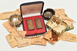 A SMALL PARCEL OF SILVER AND PASTE STONES, comprising a cased pair of Italian 50 gram 999.9 silver